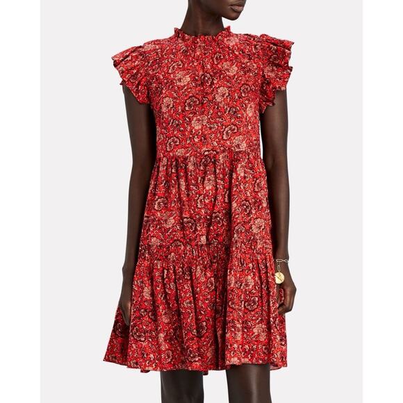 Ulla Johnson Dresses & Skirts - Ulla Johnson Hana Red Floral Mockneck Short Flutter Mini Dress Women’s Size 10